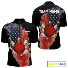Load image into Gallery viewer, Custom Smoke American Flag Black Bowling Shirts for Men Personalized Patriotic Team Bowling Jerseys NQS10496