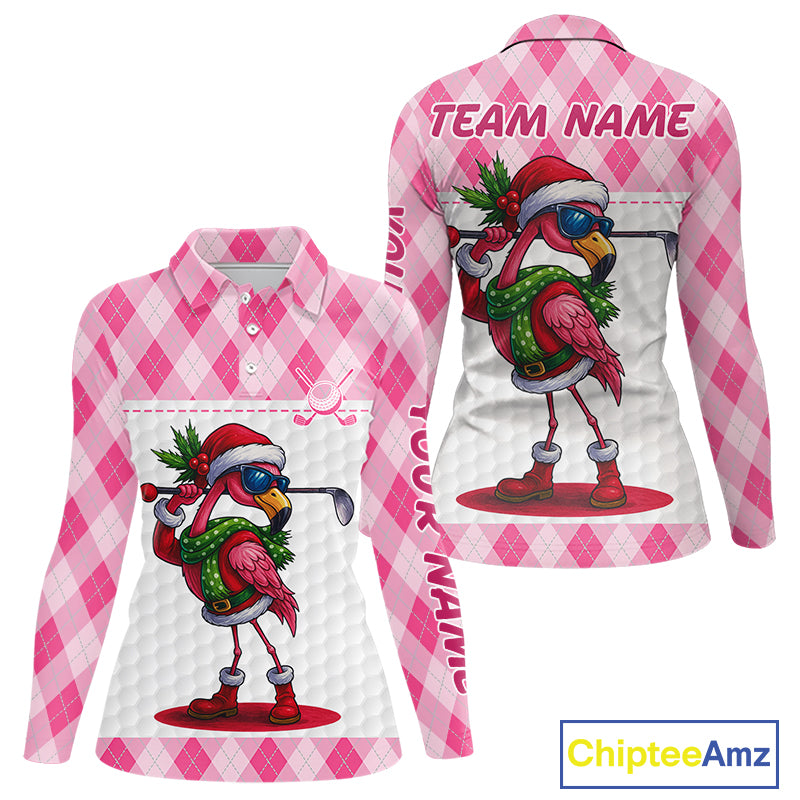 Funny Christmas Flamingo Womens golf polo shirt custom pink argyle pattern white golf apparel NQS11087
