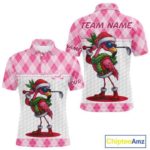 Funny Christmas Flamingo Mens golf polo shirt custom pink argyle pattern white golf apparel NQS11087