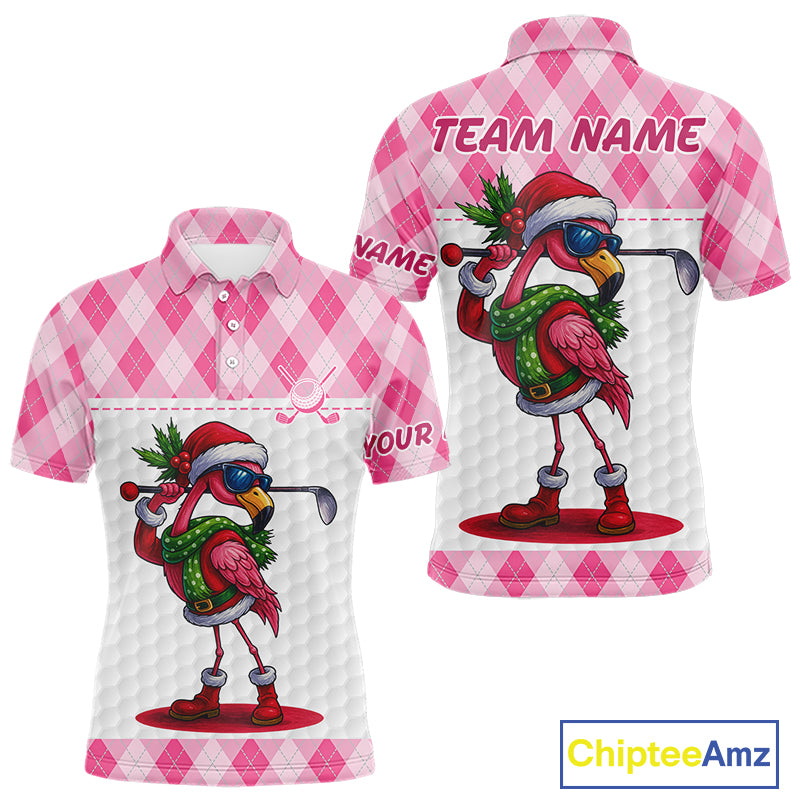 Funny Christmas Flamingo Mens golf polo shirt custom pink argyle pattern white golf apparel NQS11087