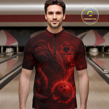 Load image into Gallery viewer, Red Flame Dragon Bowling Polo, 1/4 Zip Shirts For Men Custom Name Team Bowling League Jersey NQS11092