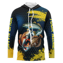 Load image into Gallery viewer, Blue and Yellow Camo Redfish, Speckled Trout, Flounder Texas slam fishing custom fishing jerseys NQS9219