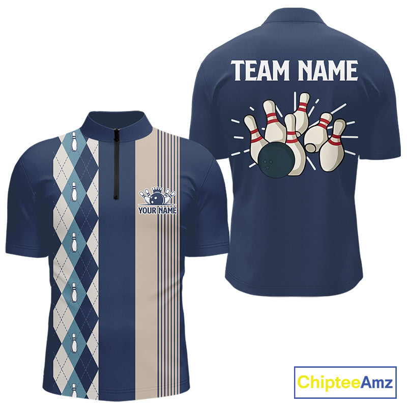Retro Blue argyle pattern Bowling shirts For Men custom bowling team jerseys Mens Bowler Outfits NQS9411