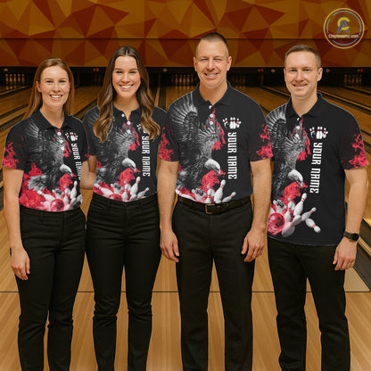 Custom Red Flame Black Eagle Bowling Polo, Quarter Zip Shirt For Men, Team Bowling Clothes NQS11500