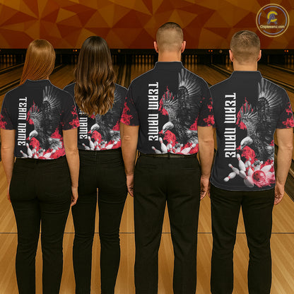 Custom Red Flame Black Eagle Bowling Polo, Quarter Zip Shirt For Men, Team Bowling Clothes NQS11500