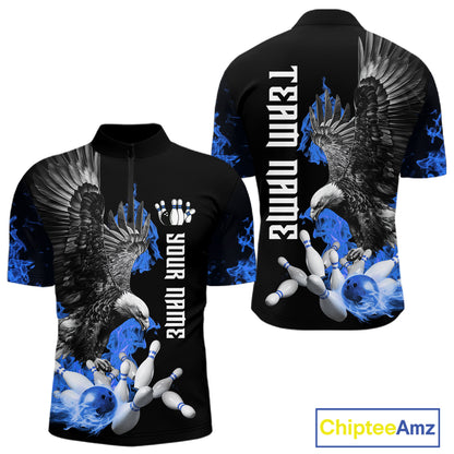 Custom Blue Flame Black Eagle Bowling Polo, Quarter Zip Shirt For Men, Team Bowling Clothes NQS11501