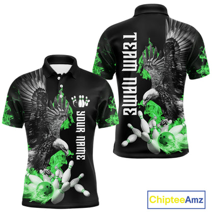 Custom Green Flame Black Eagle Bowling Polo, Quarter Zip Shirt For Men, Team Bowling Clothes NQS11502