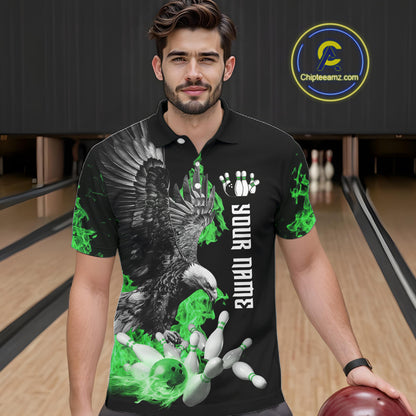 Custom Green Flame Black Eagle Bowling Polo, Quarter Zip Shirt For Men, Team Bowling Clothes NQS11502