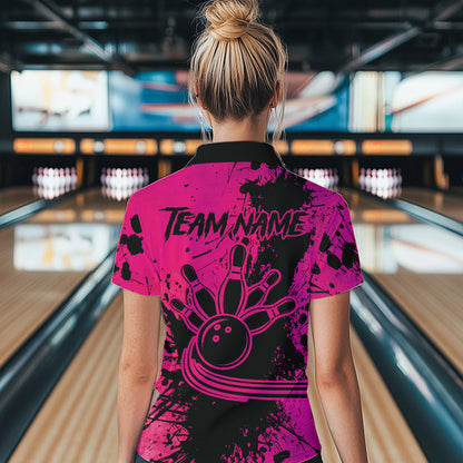 Black and Pink Womens Bowling Polo, Quarter Zip Shirts Custom Bowling Team League Jerseys NQS9570