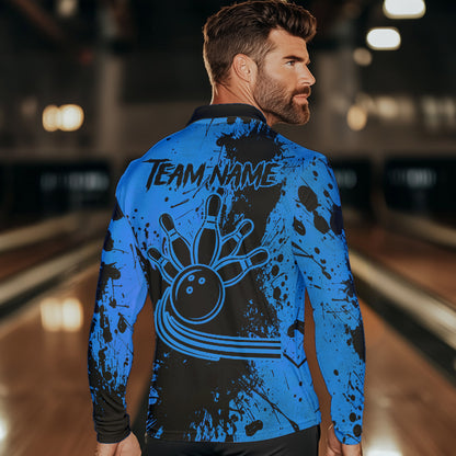Black and Blue Mens Bowling Polo, Quarter Zip Shirts Custom Bowling Team League Jerseys NQS9571