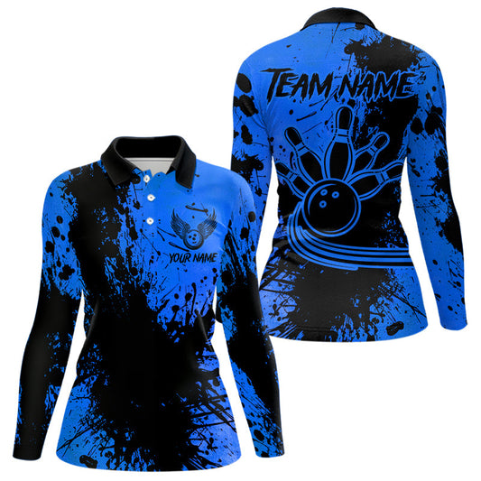 Black and Blue Womens Bowling Polo, Quarter Zip Shirts Custom Bowling Team League Jerseys NQS9571
