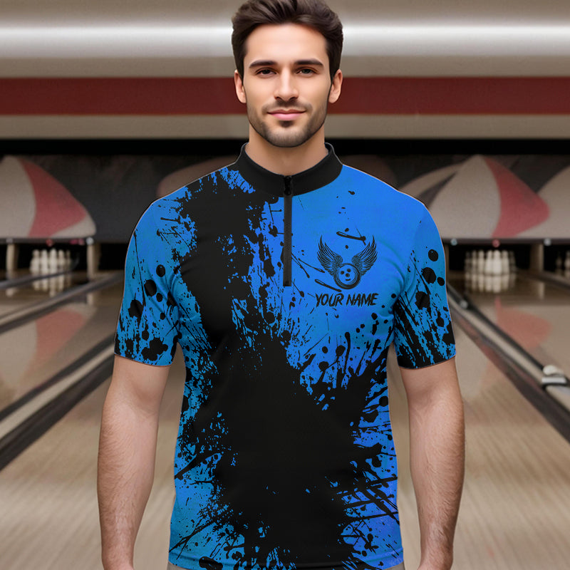Black and Blue Mens Bowling Polo, Quarter Zip Shirts Custom Bowling Team League Jerseys NQS9571