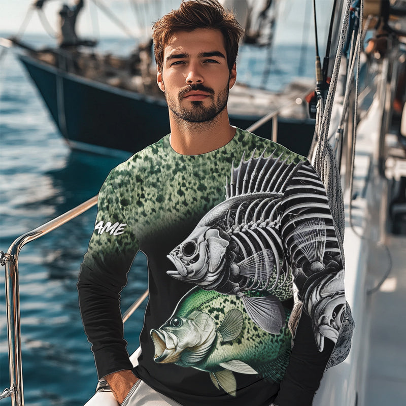 Crappie Reaper Skeleton Green scales Custom Long Sleeve Fishing Shirts, Personalized Fishing Gifts NQS9573