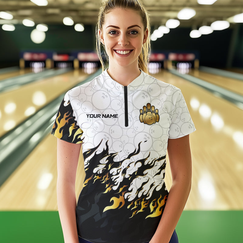 Black and White Camo Bowling Shirts For Women Custom Bowling Team League Jerseys | Gold NQS9576