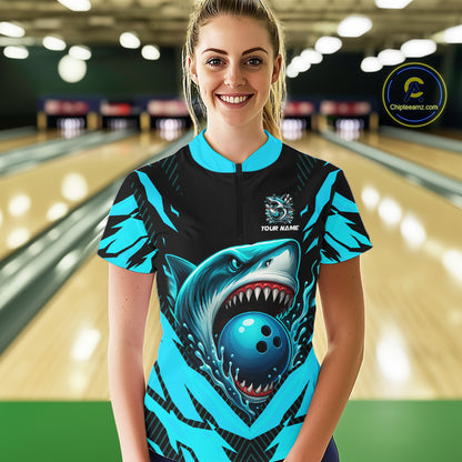 Black and Blue Women bowling shirts Custom Blue Shark bowling team  jerseys, gifts for bowlers NQS9991