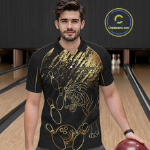 Load image into Gallery viewer, Personalized Black and Gold Tiger Bowling Polo, Quarter Zip Shirts For Men Custom Bowling Team Jersey NQS10281