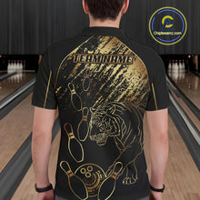 Load image into Gallery viewer, Personalized Black and Gold Tiger Bowling Polo, Quarter Zip Shirts For Men Custom Bowling Team Jersey NQS10281