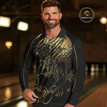 Load image into Gallery viewer, Personalized Black and Gold Tiger Bowling Polo, Quarter Zip Shirts For Men Custom Bowling Team Jersey NQS10281
