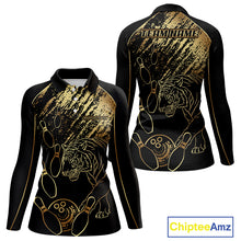 Load image into Gallery viewer, Personalized Black &amp; Gold Tiger Bowling Polo, Quarter Zip Shirts For Women Custom Bowling Team Jersey NQS10281