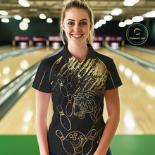 Load image into Gallery viewer, Personalized Black &amp; Gold Tiger Bowling Polo, Quarter Zip Shirts For Women Custom Bowling Team Jersey NQS10281
