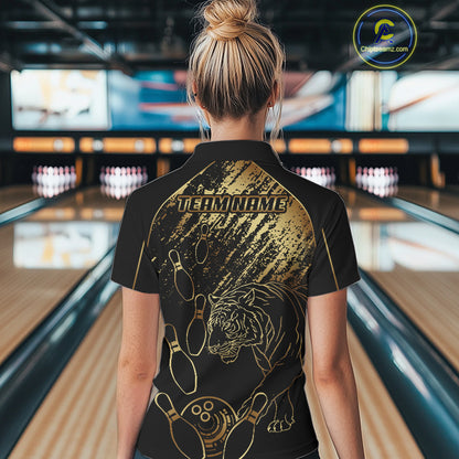 Personalized Black & Gold Tiger Bowling Polo, Quarter Zip Shirts For Women Custom Bowling Team Jersey NQS10281