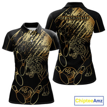 Load image into Gallery viewer, Personalized Black &amp; Gold Tiger Bowling Polo, Quarter Zip Shirts For Women Custom Bowling Team Jersey NQS10281