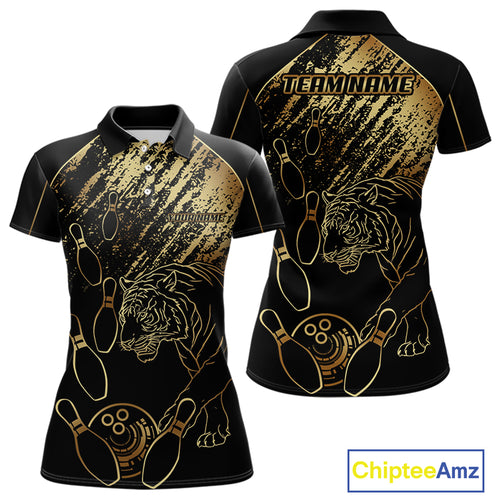 Personalized Black & Gold Tiger Bowling Polo, Quarter Zip Shirts For Women Custom Bowling Team Jersey NQS10281