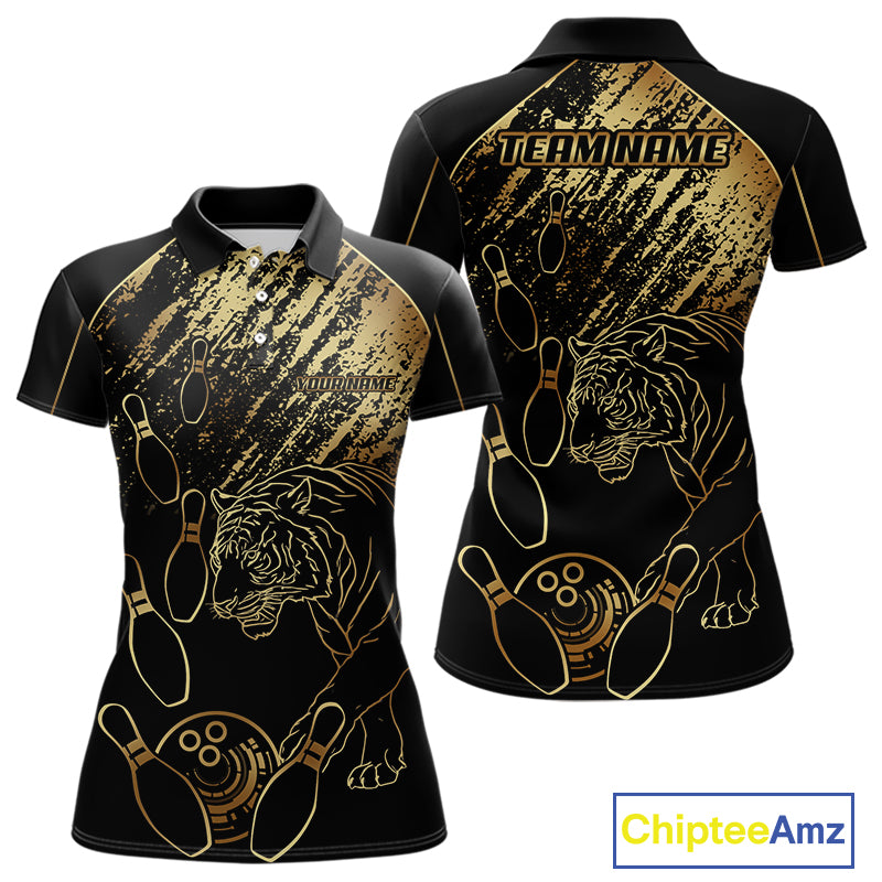 Personalized Black & Gold Tiger Bowling Polo, Quarter Zip Shirts For Women Custom Bowling Team Jersey NQS10281