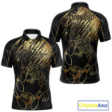 Load image into Gallery viewer, Personalized Black and Gold Tiger Bowling Polo, Quarter Zip Shirts For Men Custom Bowling Team Jersey NQS10281