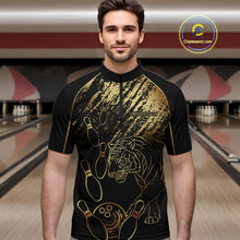 Load image into Gallery viewer, Personalized Black and Gold Tiger Bowling Polo, Quarter Zip Shirts For Men Custom Bowling Team Jersey NQS10281