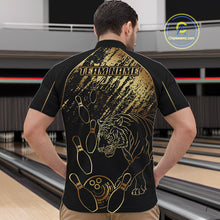 Load image into Gallery viewer, Personalized Black and Gold Tiger Bowling Polo, Quarter Zip Shirts For Men Custom Bowling Team Jersey NQS10281