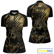 Load image into Gallery viewer, Personalized Black &amp; Gold Tiger Bowling Polo, Quarter Zip Shirts For Women Custom Bowling Team Jersey NQS10281