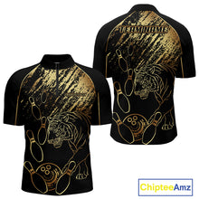 Load image into Gallery viewer, Personalized Black and Gold Tiger Bowling Polo, Quarter Zip Shirts For Men Custom Bowling Team Jersey NQS10281