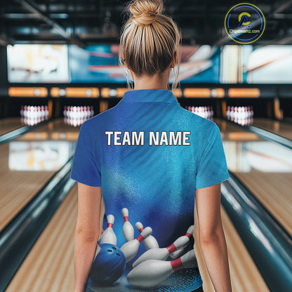 Custom Blue Bowling Team Women Polo, Quarter-Zip Shirts, custom bowling jersey with name NQS10282