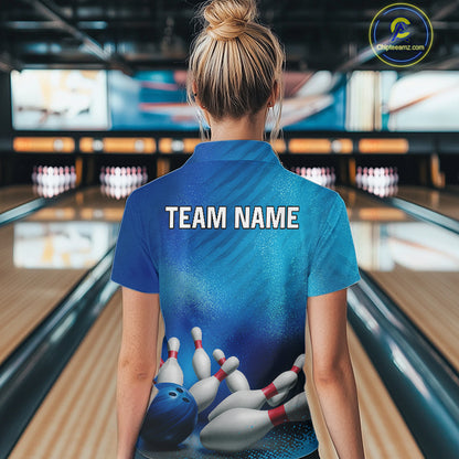 Custom Blue Bowling Team Women Polo, Quarter-Zip Shirts, custom bowling jersey with name NQS10282