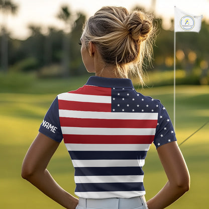 Custom American Flag Golf Polo Shirts For Women, Personalized Patriotic Ladies Golf attire NQS10500