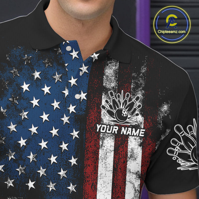 Vintage American Flag Eagle Black Bowling Shirts for Men Custom Patriotic Team Bowling Jerseys NQS10501