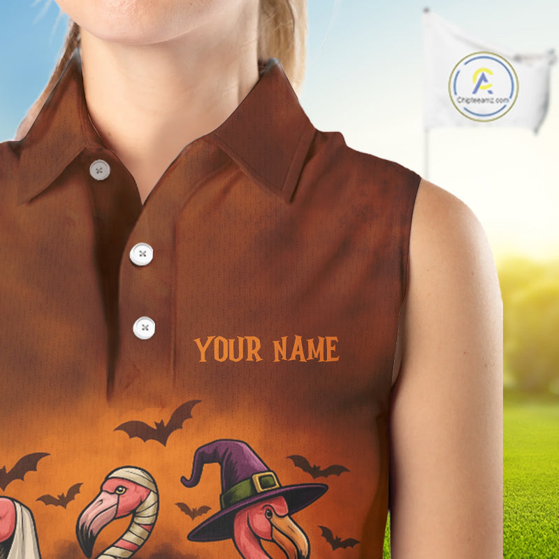 Funny Flamingo Pumpkin Sleeveless Golf Polo Shirt For Women Custom Halloween Golf Tops | Orange NQS10702