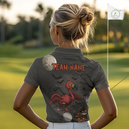 Funny Halloween Flamingo Pumpkin Golf Polo Shirt For Women Custom Halloween Ladies Golf Tops NQS10704