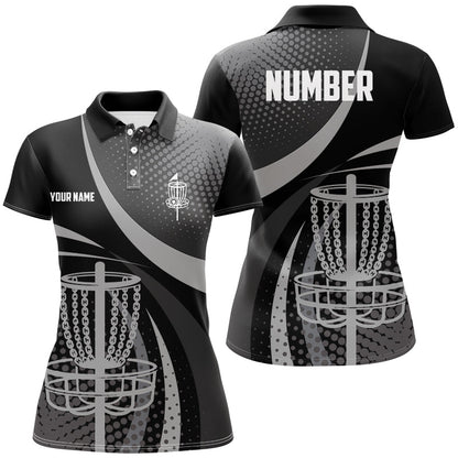 Black Grey Dot pattern disc golf basket custom Womens disc golf polo shirts, disc golf jerseys NQS8749