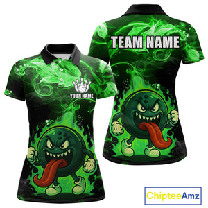 Personalized Funny Bowling Shirts for Women Green Flame Custom Bowling Team Outfit, Gift For Bowlers NQS10909