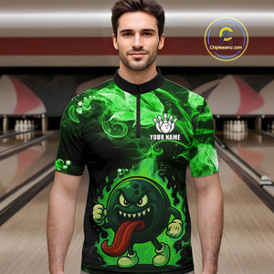 Personalized Funny Bowling Shirts for Men Green Flame Custom Bowling Team Outfit, Gift For Bowlers NQS10909
