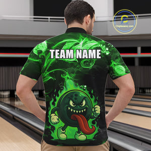Personalized Funny Bowling Shirts for Men Green Flame Custom Bowling Team Outfit, Gift For Bowlers NQS10909