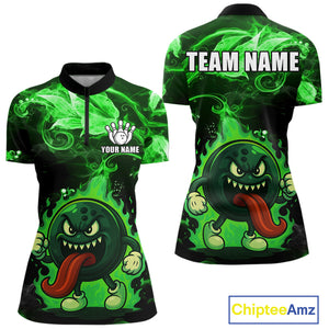 Personalized Funny Bowling Shirts for Women Green Flame Custom Bowling Team Outfit, Gift For Bowlers NQS10909