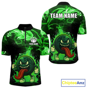 Personalized Funny Bowling Shirts for Men Green Flame Custom Bowling Team Outfit, Gift For Bowlers NQS10909