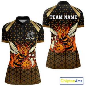 Custom Black and Gold Bee Bowling Polo, Quarter Zip Shirts For Women, Bee Bowling Team Bowlers Outfit NQS10911