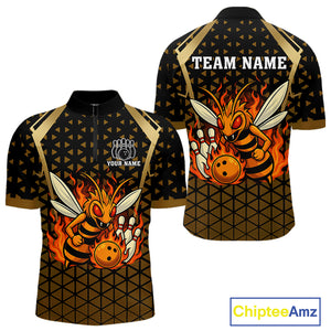 Custom Black and Gold Bee Bowling Polo, Quarter Zip Shirts For Men, Bee Bowling Team Bowlers Outfit NQS10911