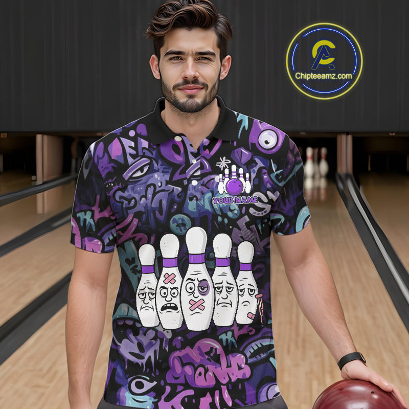 Custom Purple graffiti pattern Funny Bowling Polo, Quarter Zip Shirts For Men, Team Bowling Jersey NQS11099