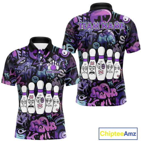Custom Purple graffiti pattern Funny Bowling Polo, Quarter Zip Shirts For Men, Team Bowling Jersey NQS11099