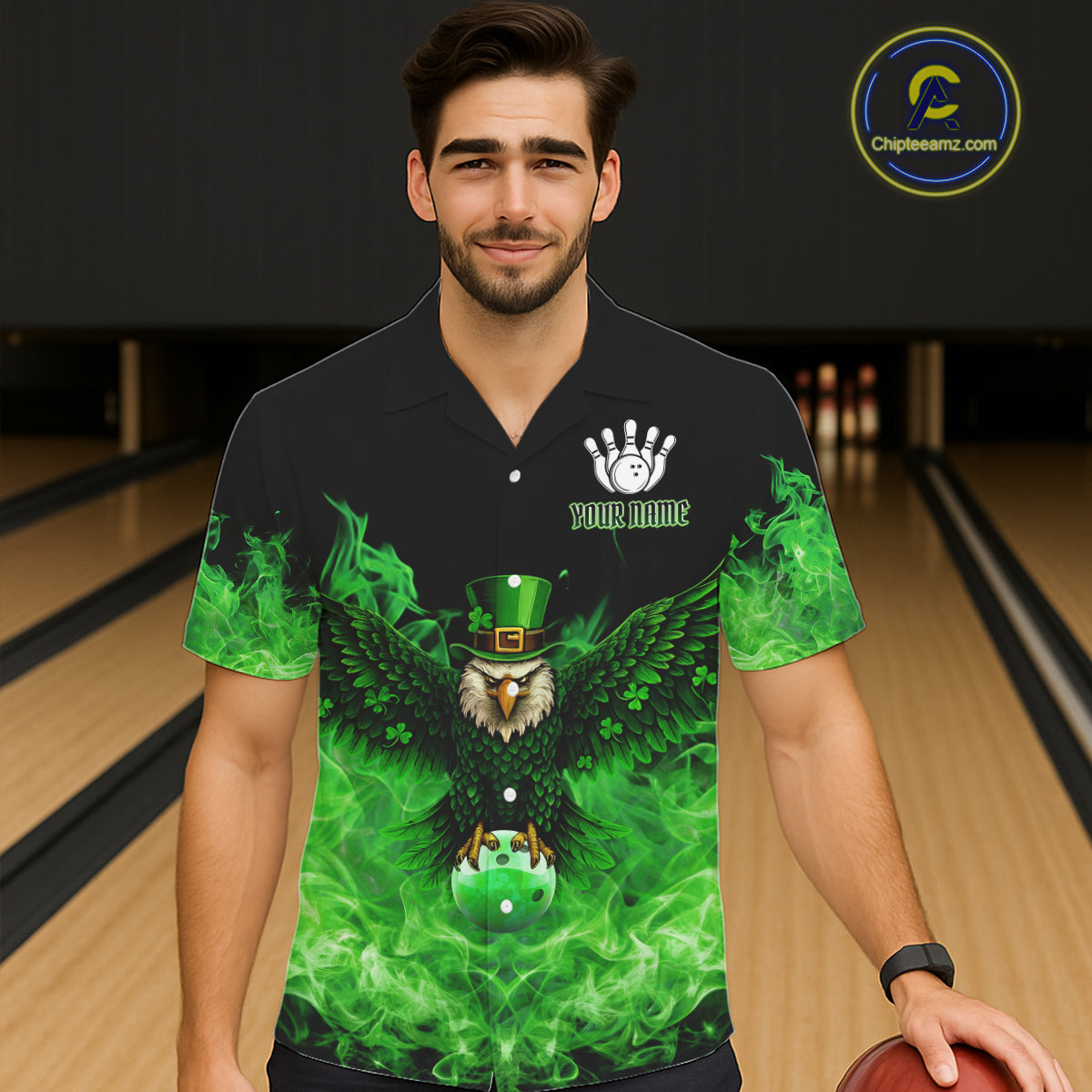 Green Flame Smoke St Patrick Day Eagle Skull Bowling Hawaiian shirt Custom Lucky Bowling Team Jersey NQS11286